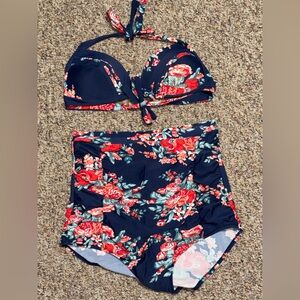 COCOSHIP plus size 3X Floral Bikini with Navy Accents halter tie top